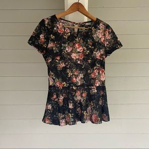 Forever 21 Black Floral Lace Peplum Shirt